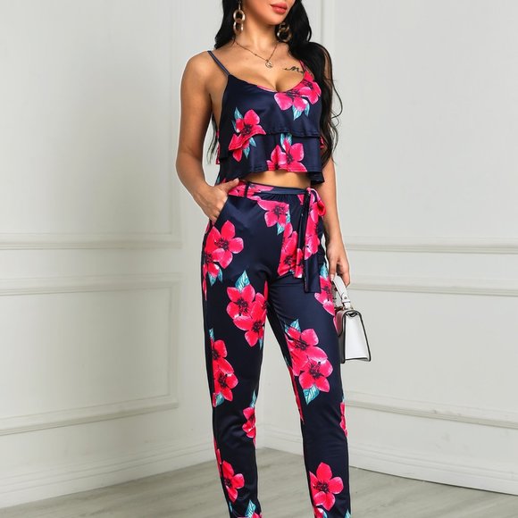 Monarch Fashion Pants - Boho Floral Print Ruffles Cami Top & Tie Pants Set
